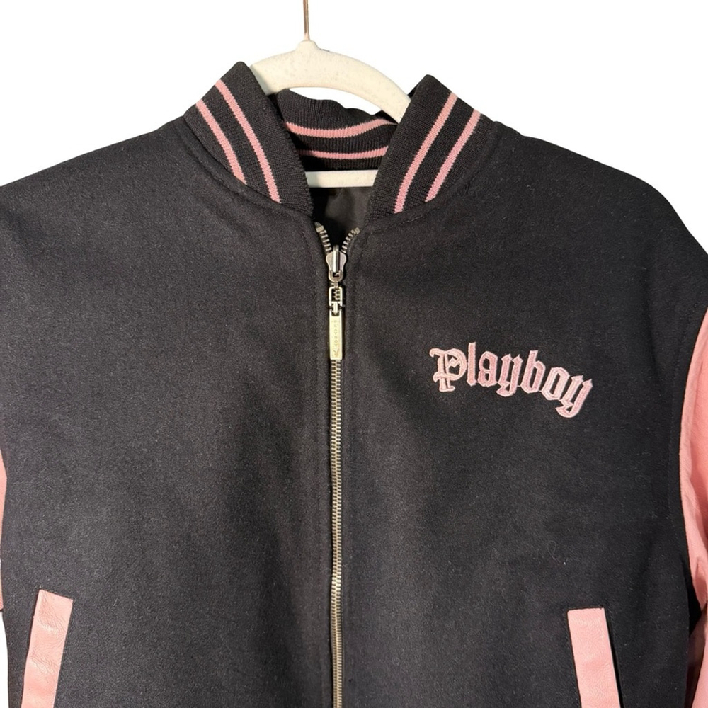 PLAYBOY Vintage Y2K Reversible Black and Pink Leather Letterman’s Jacket Size M - Picture 15 of 16